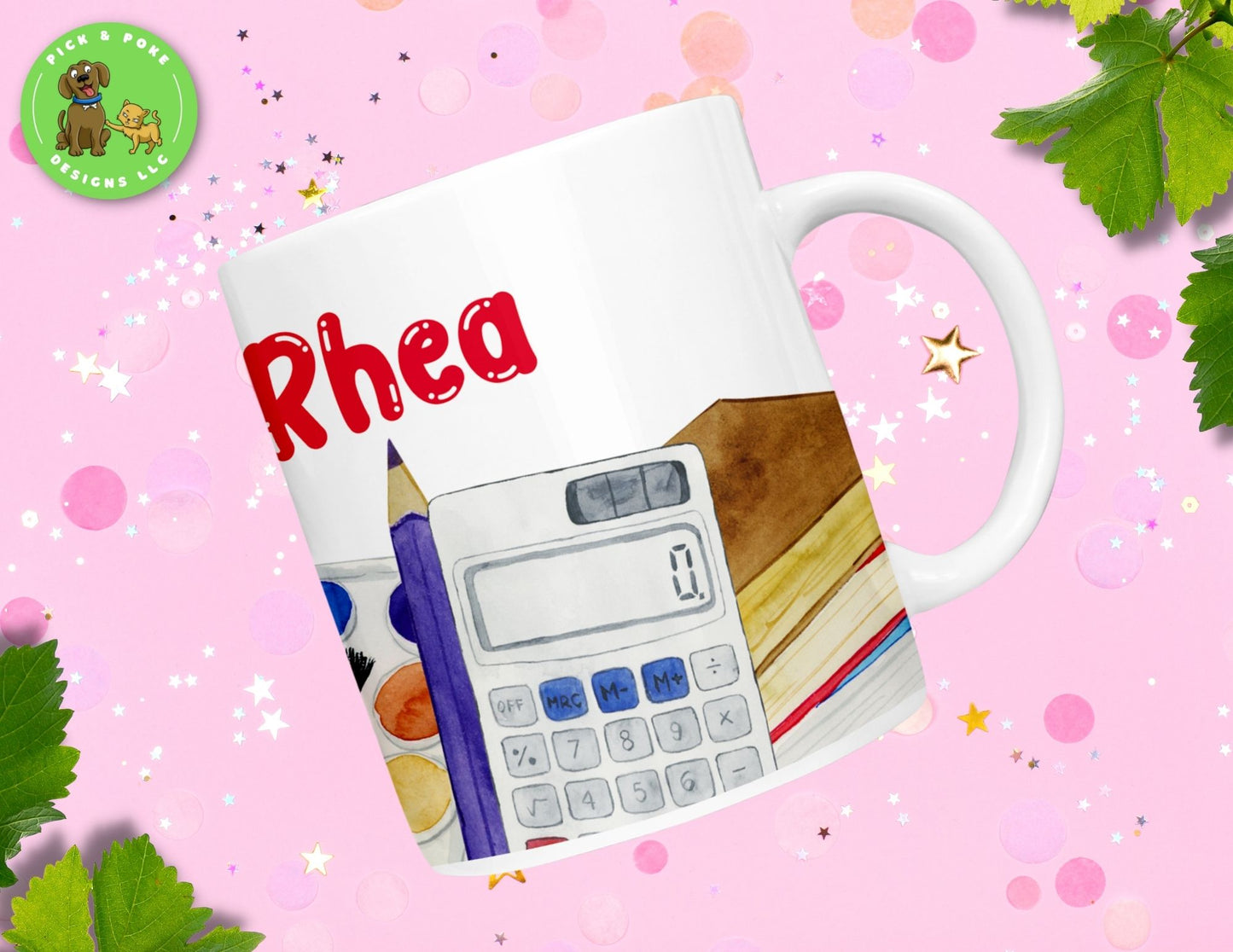 Personalized 11oz mug featuring a school supplies design in a watercolor style 