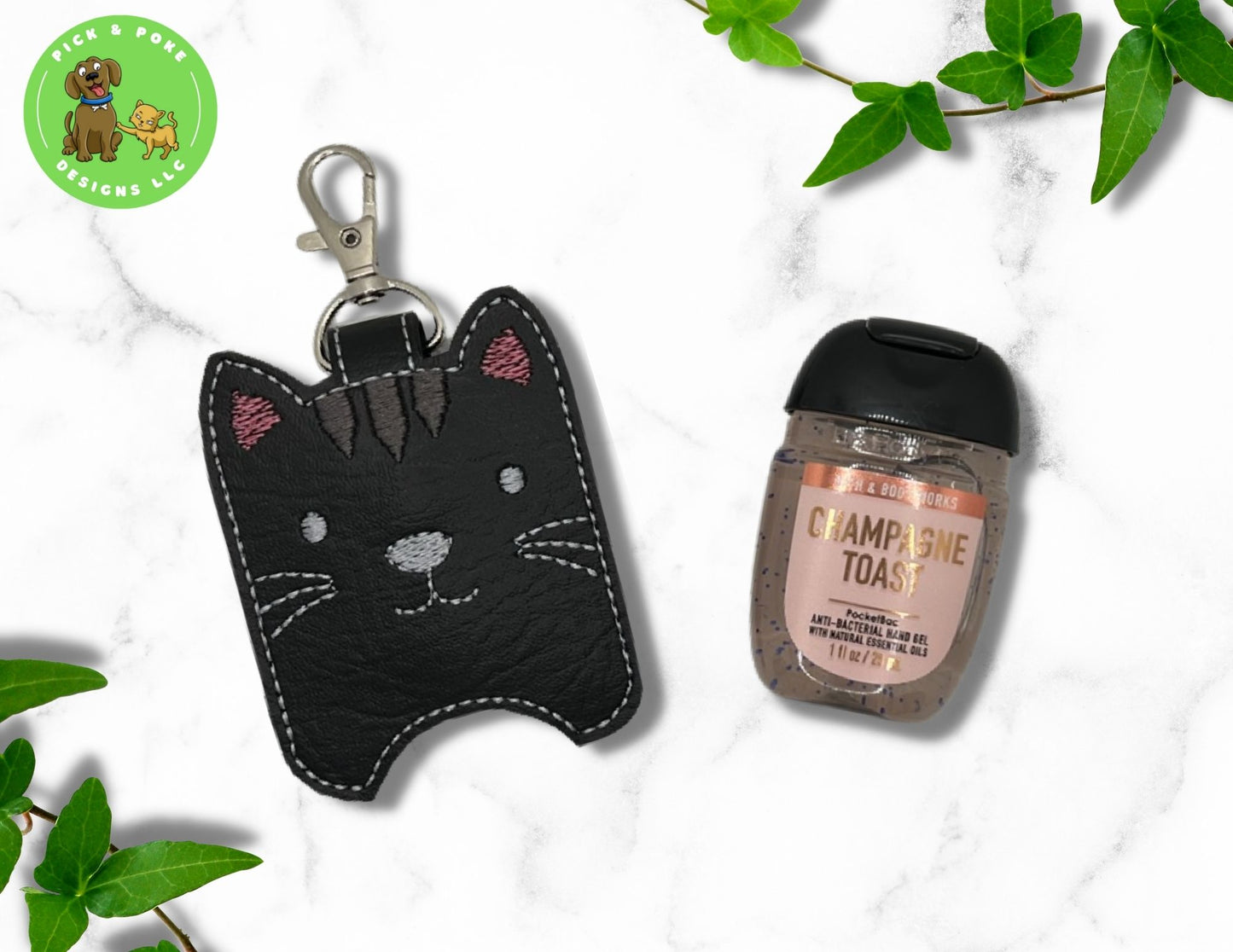 Kitty Cat Hand Sanitizer Holder Key Chain | Embroidered on Vinyl | Made to Order