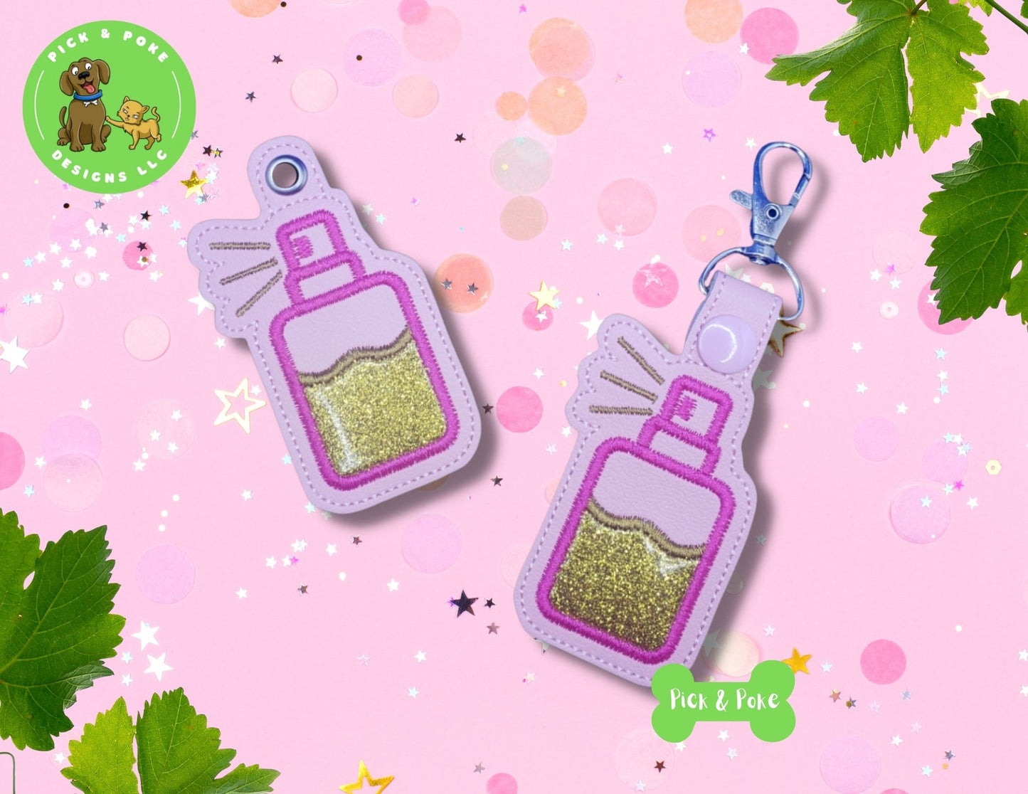 In the Hoop Embroidery Design Spray Bottle Snap Tab and Eyelet Key Fob Set