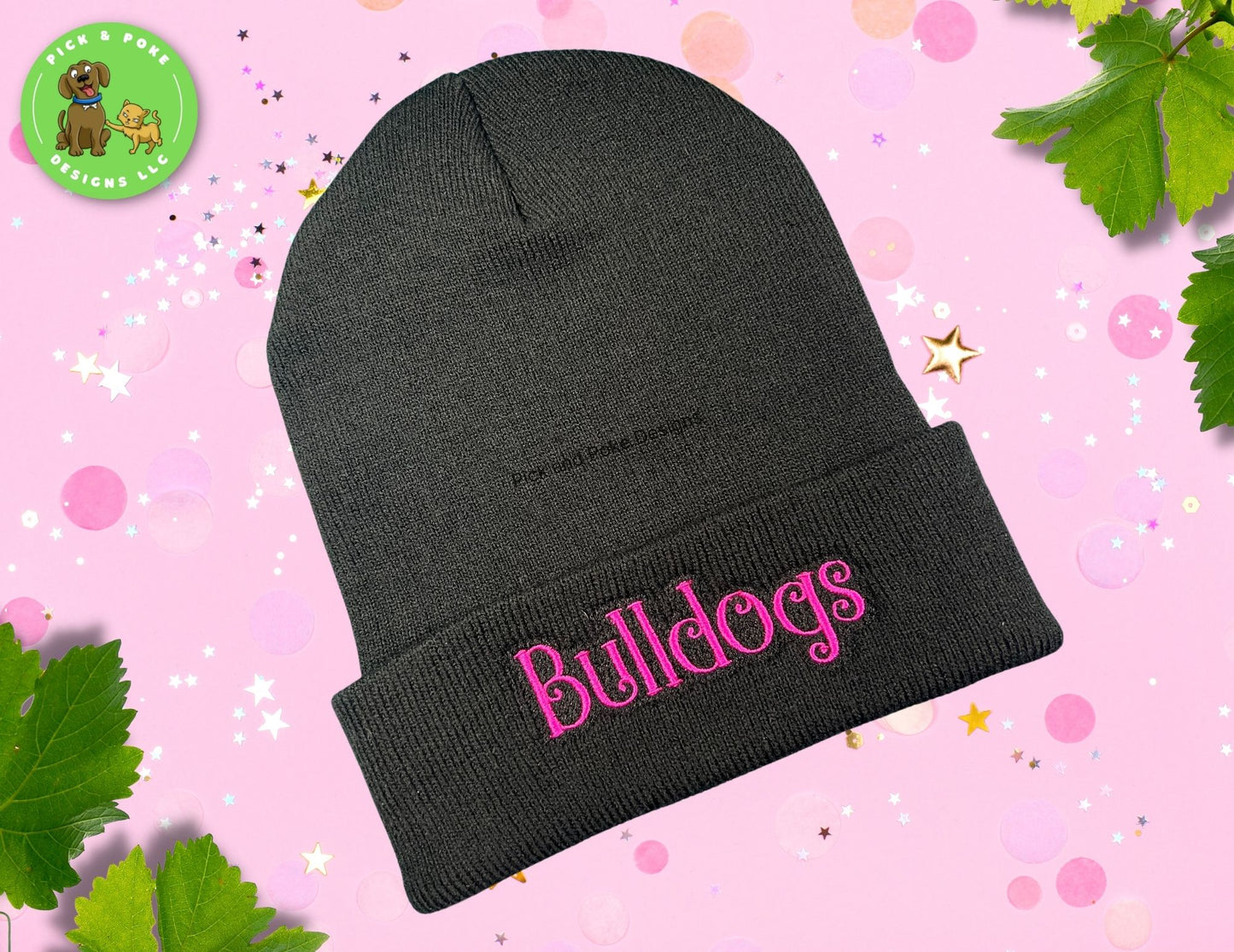 Personalized School Mascot Beanie Cap | Black Knit Hat with Embroidered Text