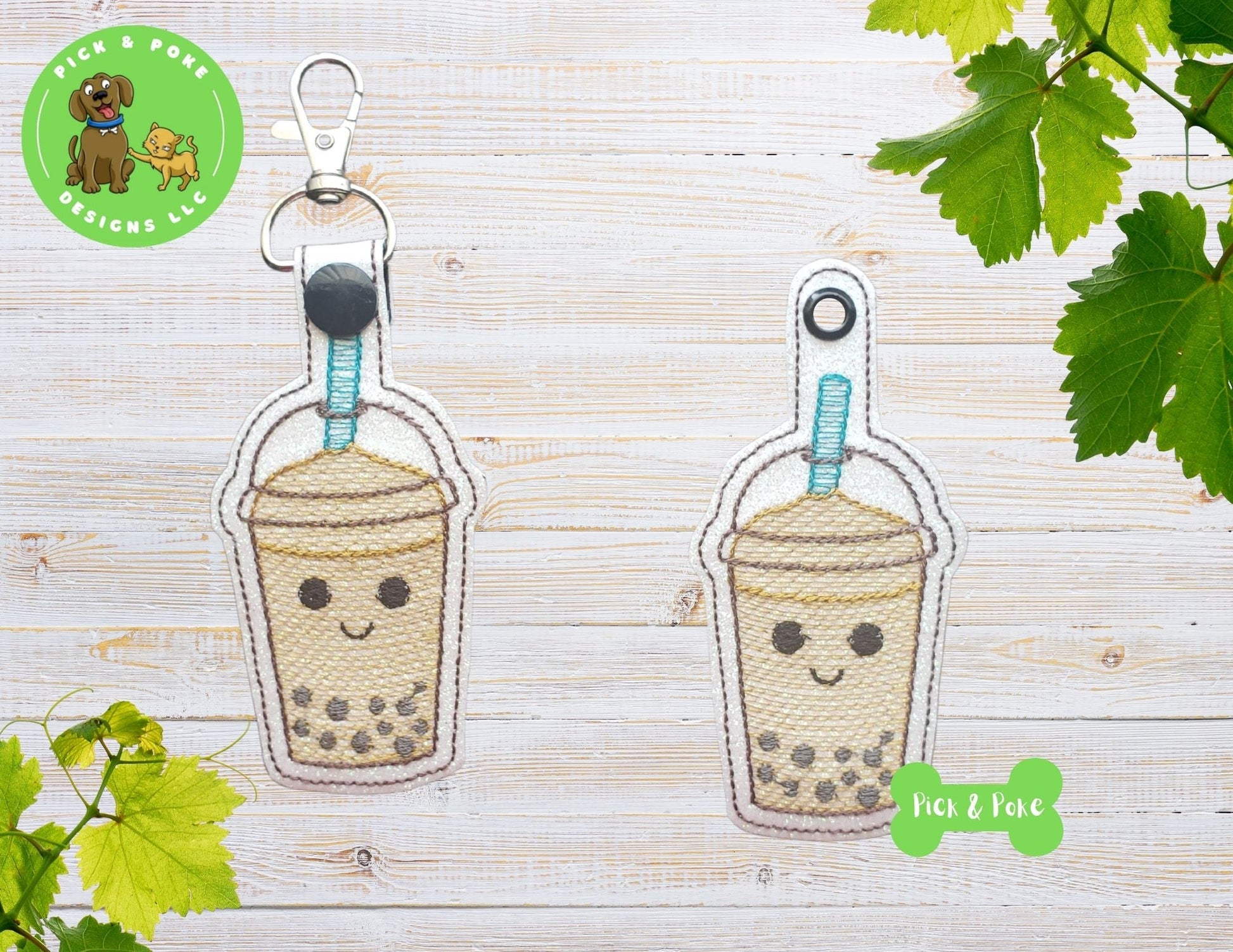 In the Hoop Embroidery Design Cute Kawaii Milk Bubble Tea Snap Tab and Eyelet Key Fob SetPick and Poke Designs