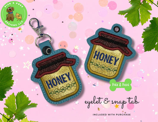 In the Hoop Embroidery Project Applique Jar of Honey Snap Tab and Eyelet Key Fob 4x4 Design (Digital Download)