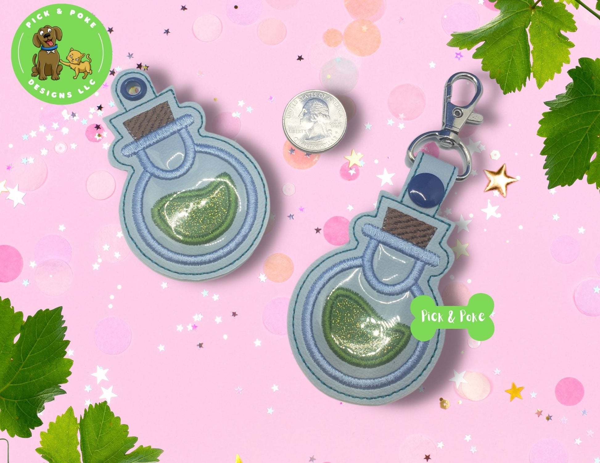 ITH Embroidery Project Applique Potion Bottle Snap Tab and Eyelet Key Fob SetPick and Poke Designs