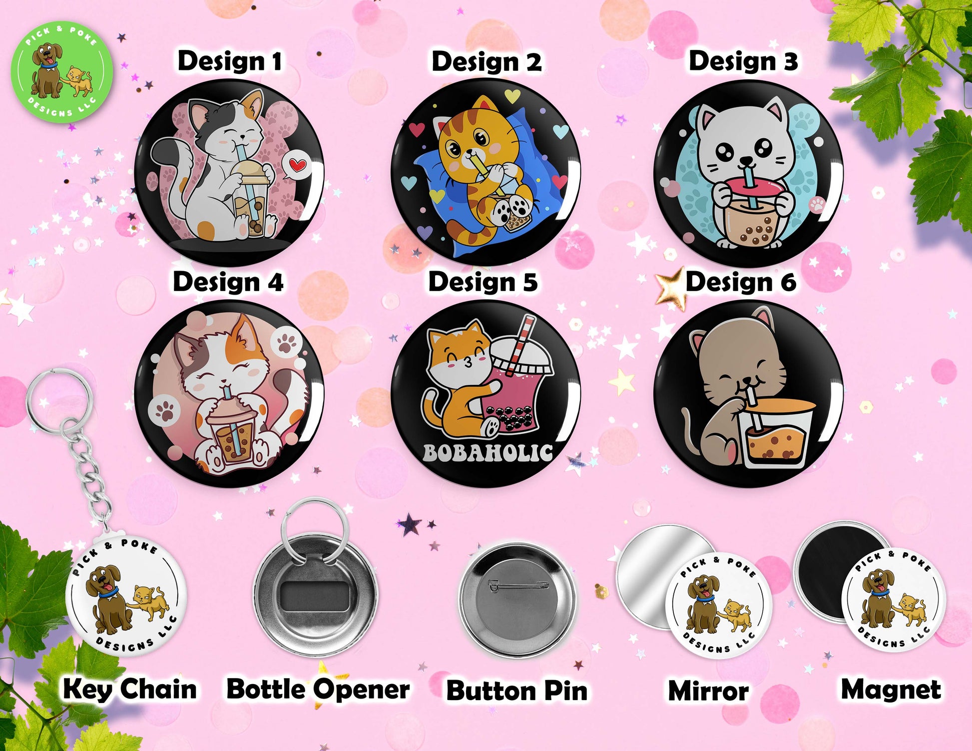 Cats Drinking Boba Tea | Button Pin, Key Chain, Magnet, Bottle Opener, or Mirror | 2.25-inch SizePick and Poke Designs