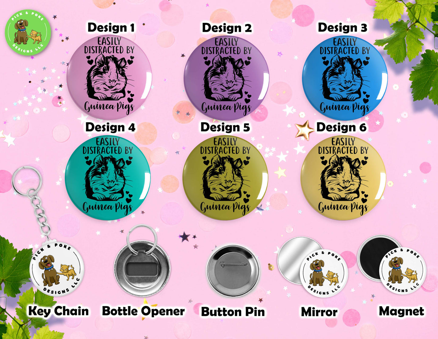 Easily Distracted By Guinea Pigs | Button Pin, Keychain, Magnet, Bottle Opener, or Mirror | 2.25-inch Size