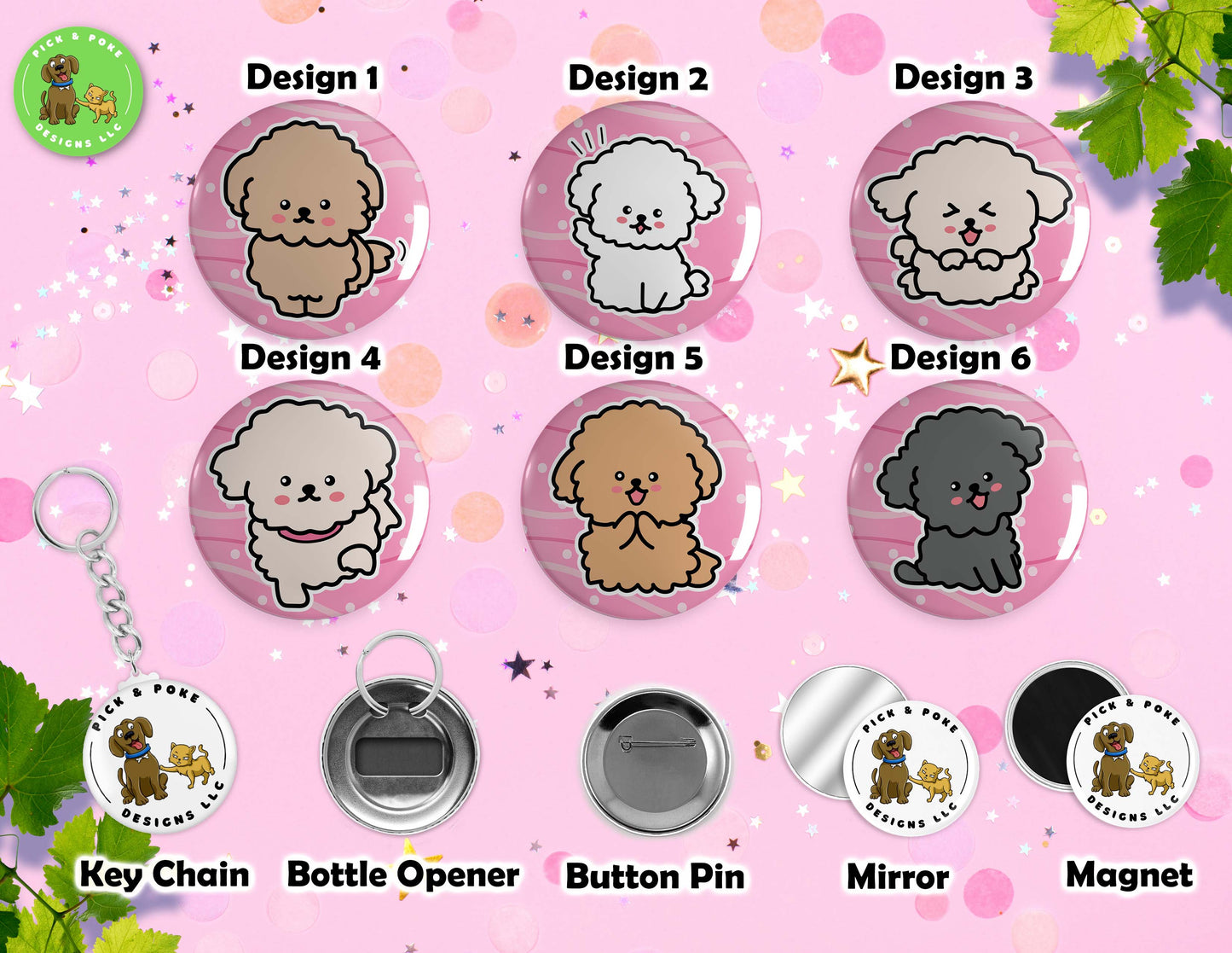 Cute Poodle Dog Doodle Art | Button Pin, Keychain, Magnet, Bottle Opener, or Mirror | 2.25-inch Size