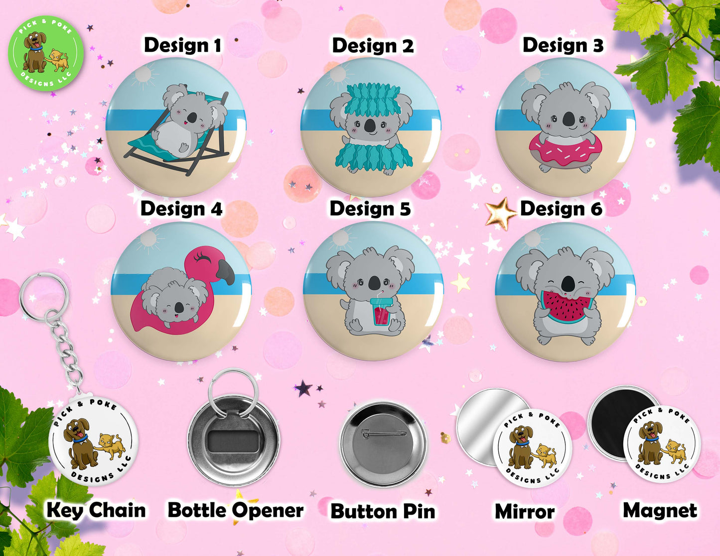 Cute Summer Koala Bear | Button Pin, Keychain, Magnet, Bottle Opener, or Mirror | 2.25-inch Size