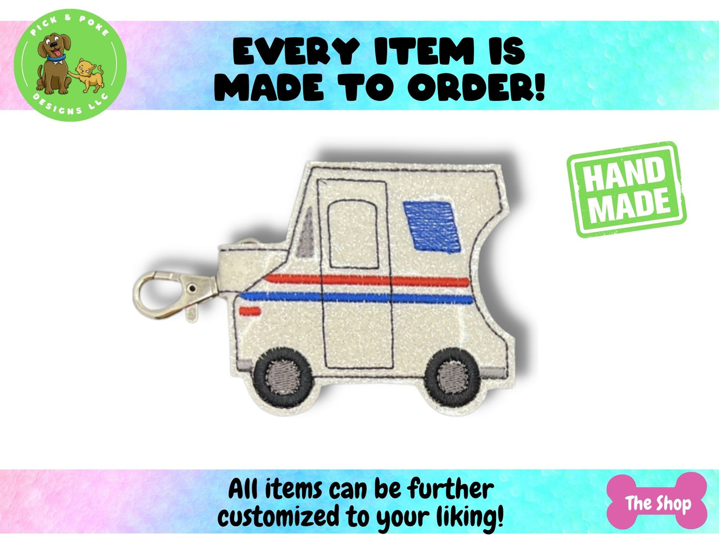 Mail Truck Hand Sanitizer Holder Key Chain | Embroidered on Vinyl | Made to Order