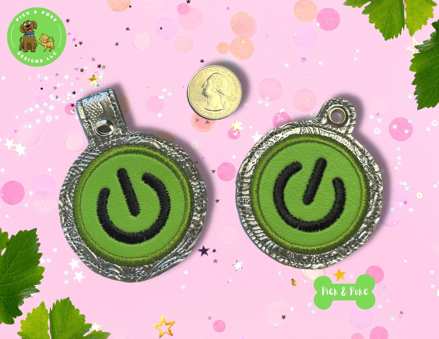 In the Hoop Embroidery Project Applique Power Button / Snap Tab and Eyelet Key Fob