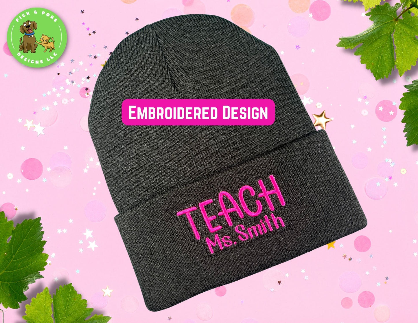 Personalized Teacher Beanie Cap | Black Knit Hat with Embroidered Name