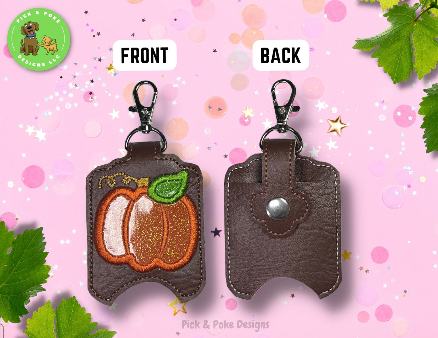 Pumpkin Hand Sanitizer Holder Key Chain | Embroidered on Brown Vinyl