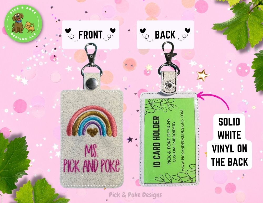Personalized Glitter Boho Rainbow Card Badge Holder with Lobster Clasp |  Vinyl Faux Leather | Vertical Protector Case
