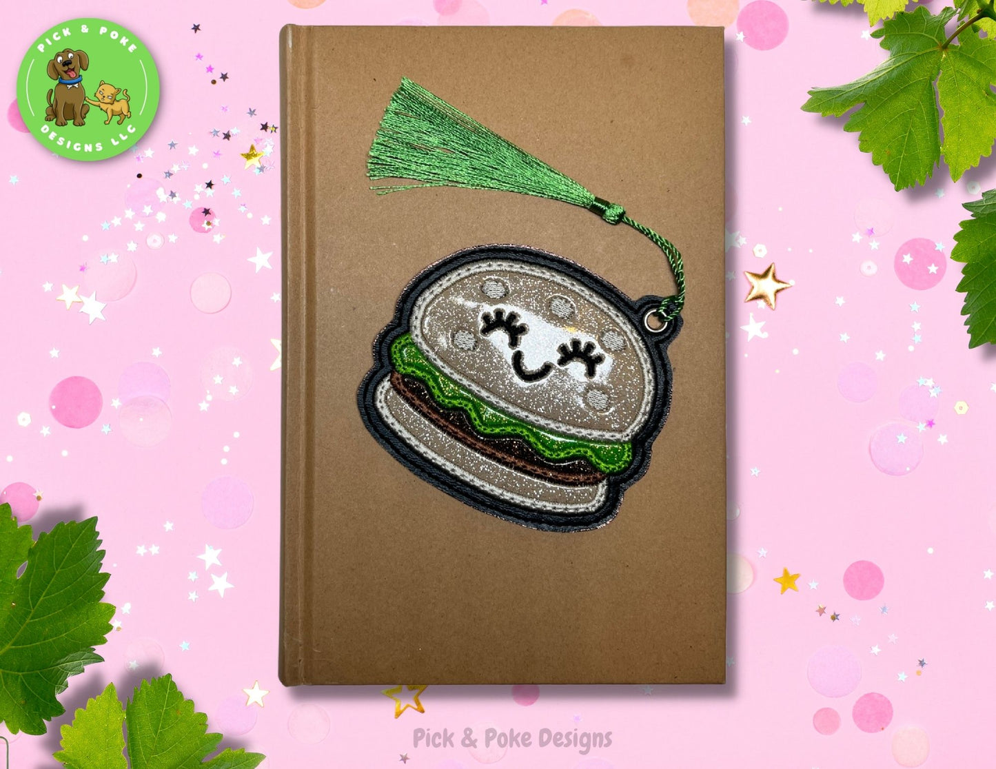 Hamburger Fast Food Bookmark with Tassel | Glitter Burger Design | Embroidered