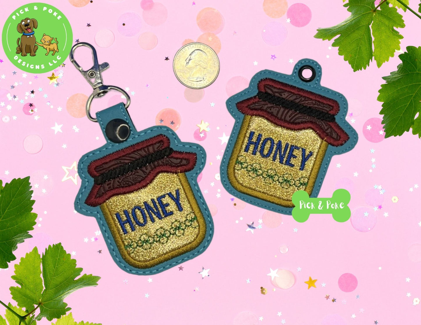 In the Hoop Embroidery Project Applique Jar of Honey Snap Tab and Eyelet Key Fob 4x4 Design (Digital Download)