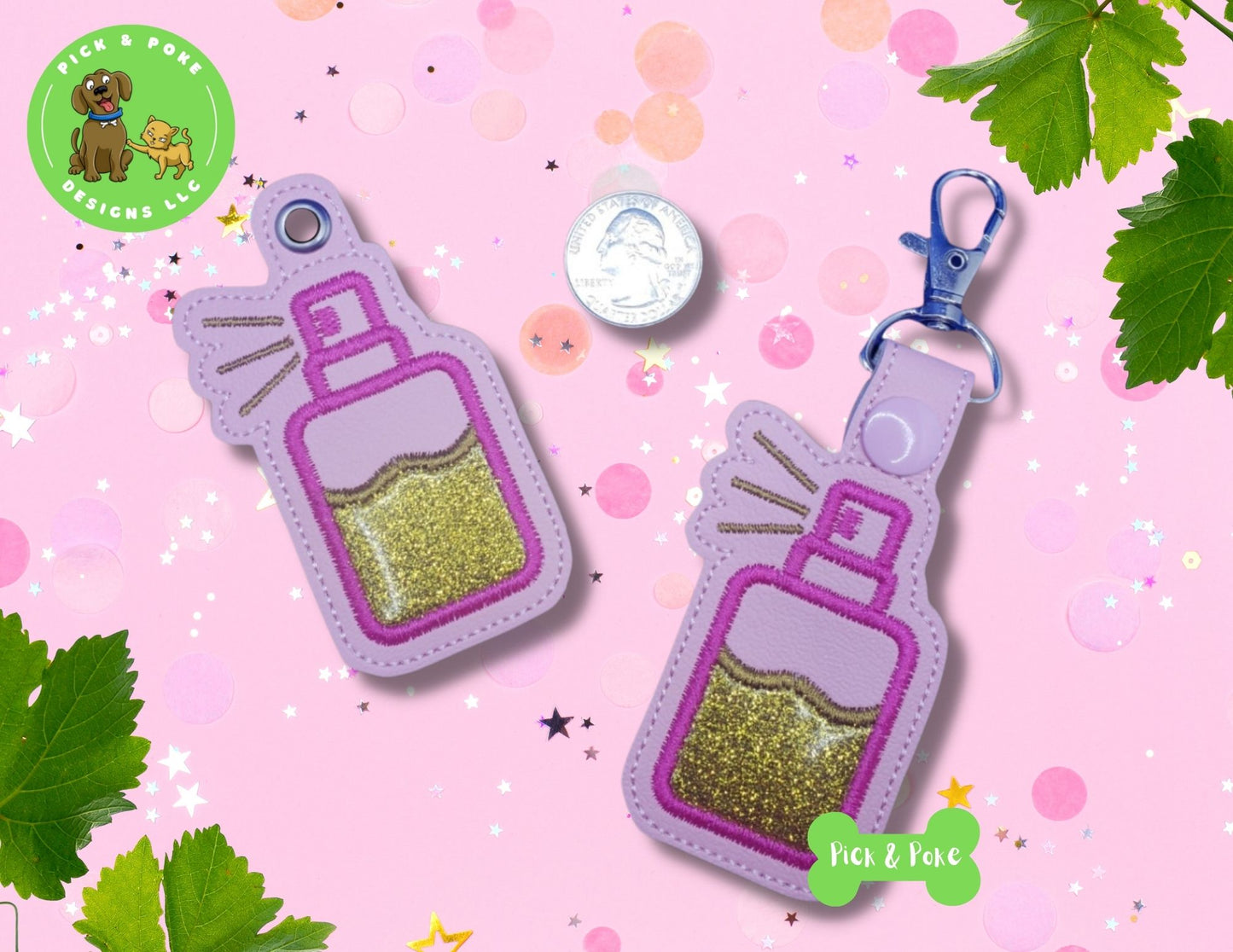In the Hoop Embroidery Design Spray Bottle Snap Tab and Eyelet Key Fob Set
