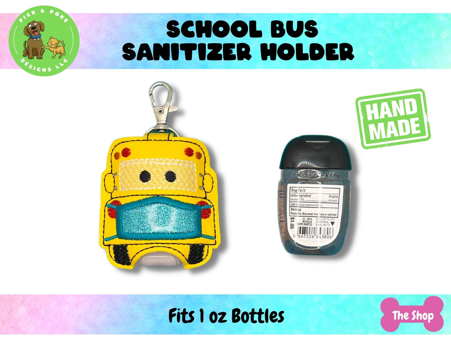 School Bus Wearing Mask Sanitizer Holder Key Chain | Embroidered on Vinyl | Made to Order