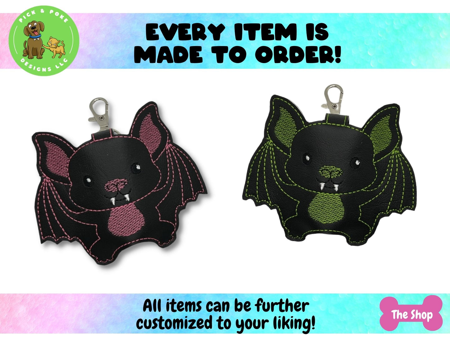Cute Kawaii Bat Hand Sanitizer Holder Key Chain | Embroidered on Vinyl | Made to Order