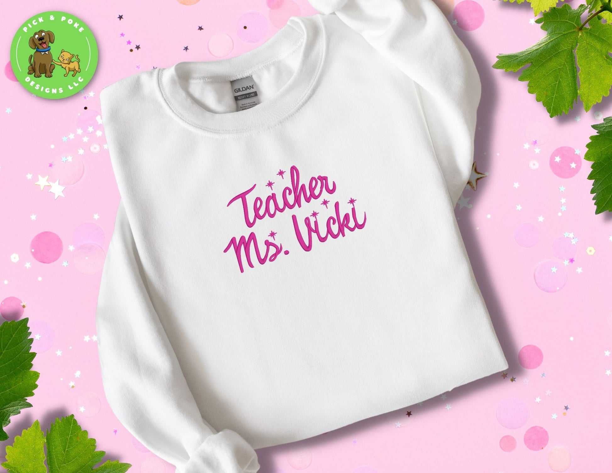 White Embroidered Teacher Sparkle Sweatshirt Personalized with Your Name in a thread color of your choice.