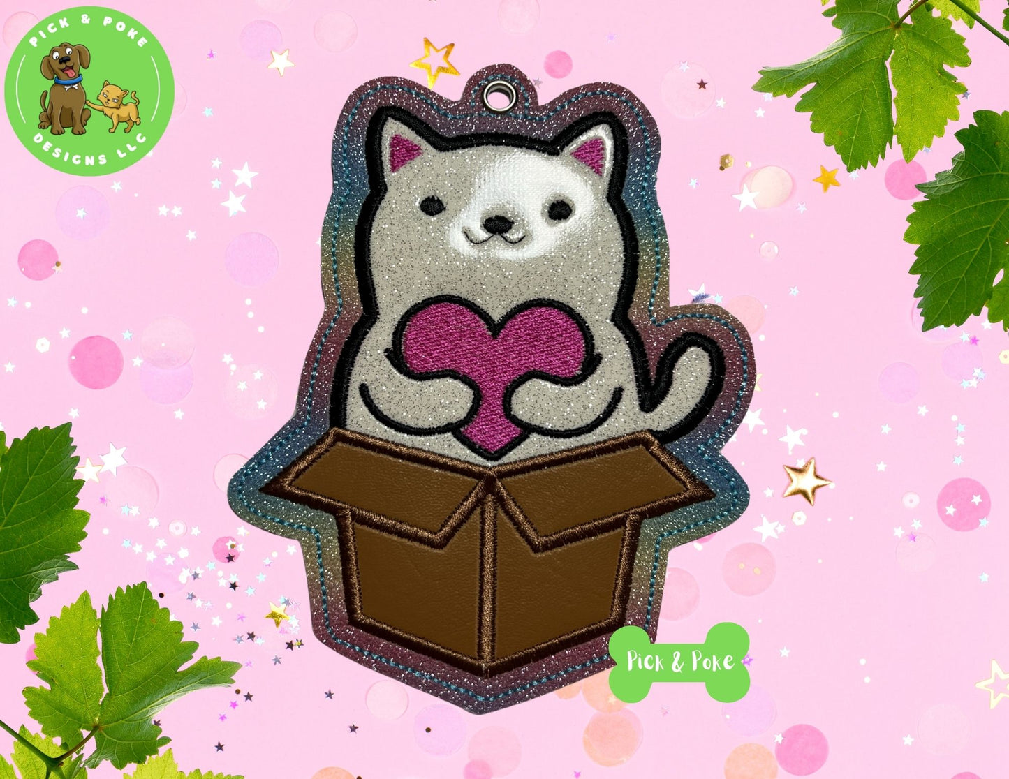 In the Hoop Embroidery Project Applique Cat in Box with Hat Bookmark Design (Digital Download)
