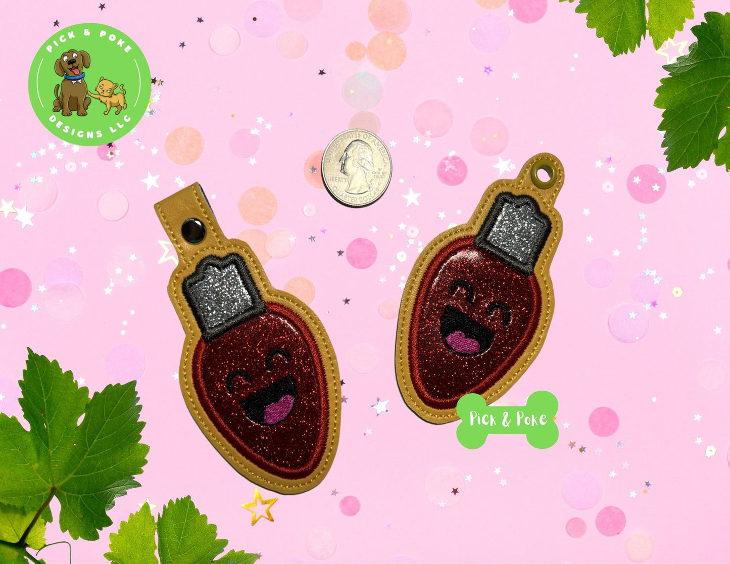 In the Hoop Embroidery Project Christmas Light Bulb Snap Tab and Eyelet Key Fob Design (Digital Download)