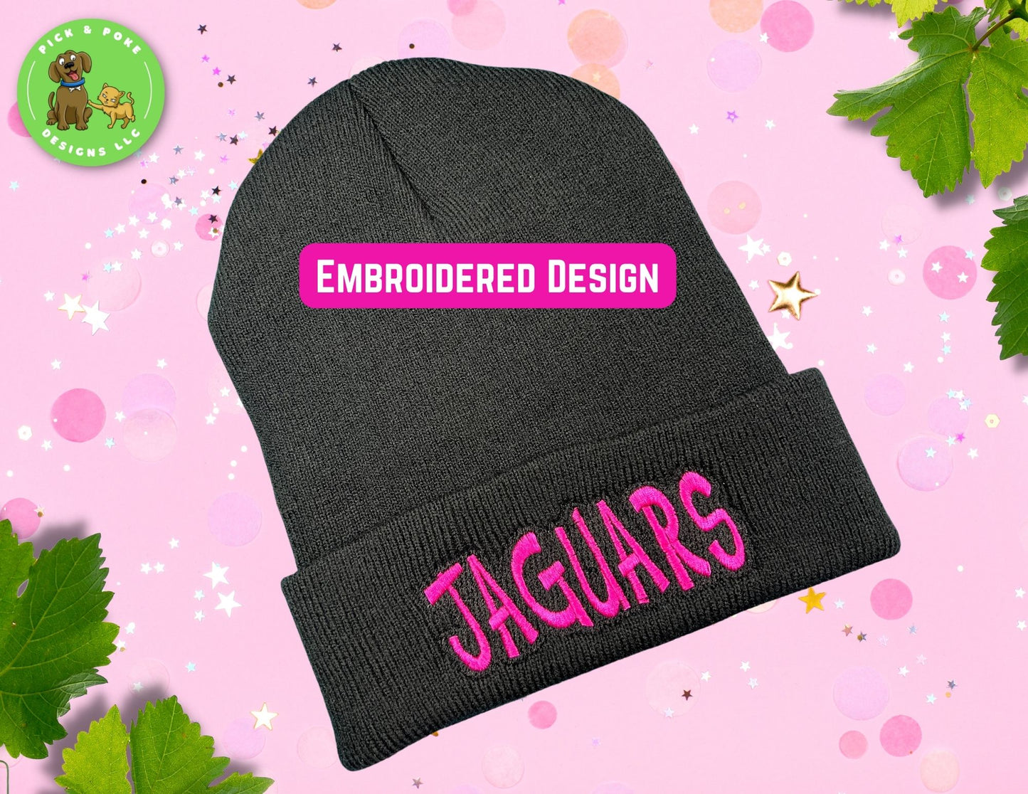 Personalized Team Mascot Beanie Cap | Black Knit Hat with Embroidered Block Font