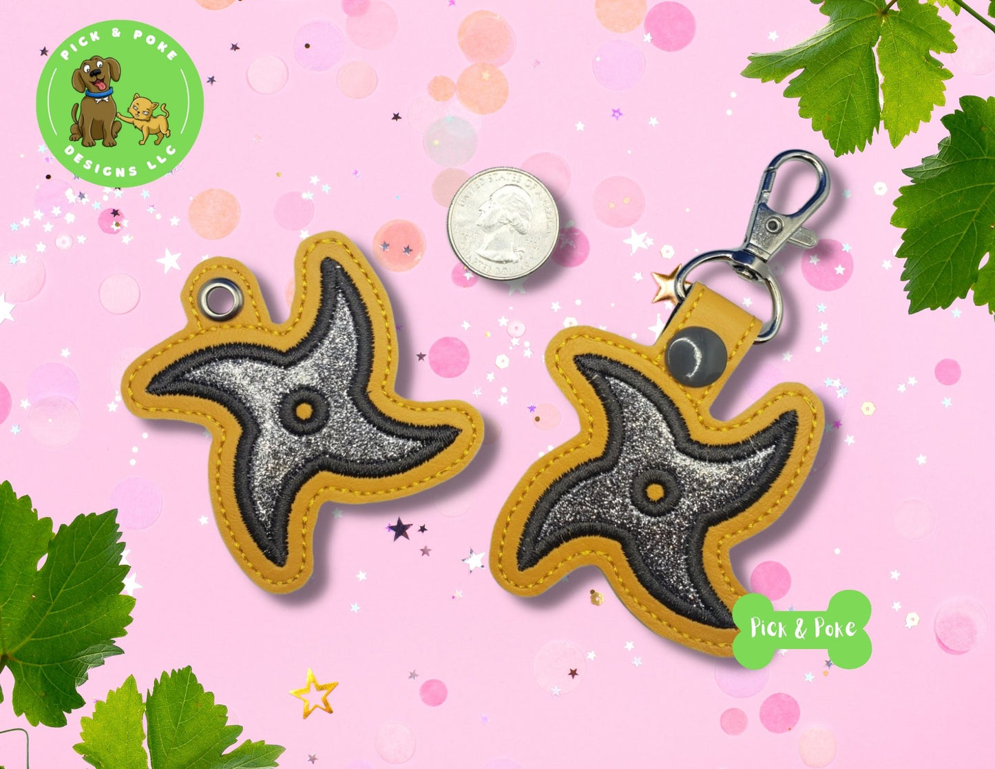 In the Hoop Embroidery Project Ninja Star Snap Tab and Eyelet Key Fob