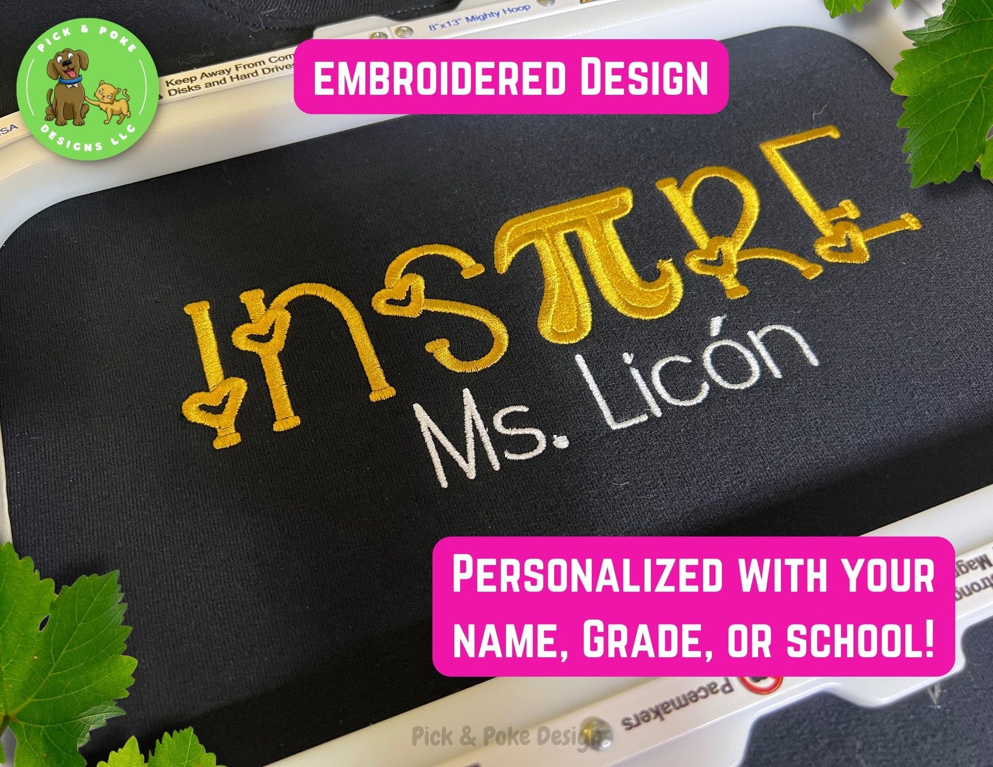 Teacher name, grade, or school is embroidered on a black crewneck under the inspire design