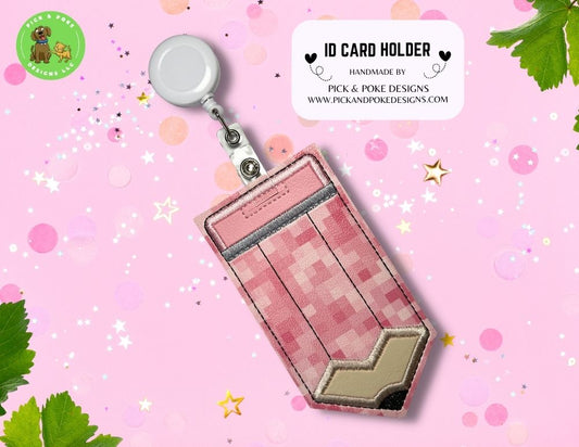 Limited Stock: Pink Pixels Pencil ID Card Badge Holder with Reel or Clip | Faux Leather Vinyl | Vertical Protector Case