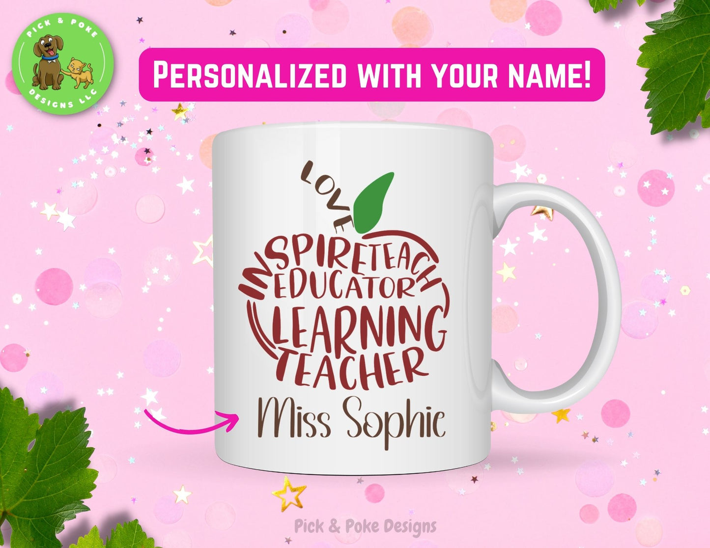 Teacher coffee cup is personalized with your name in a hand lettering font