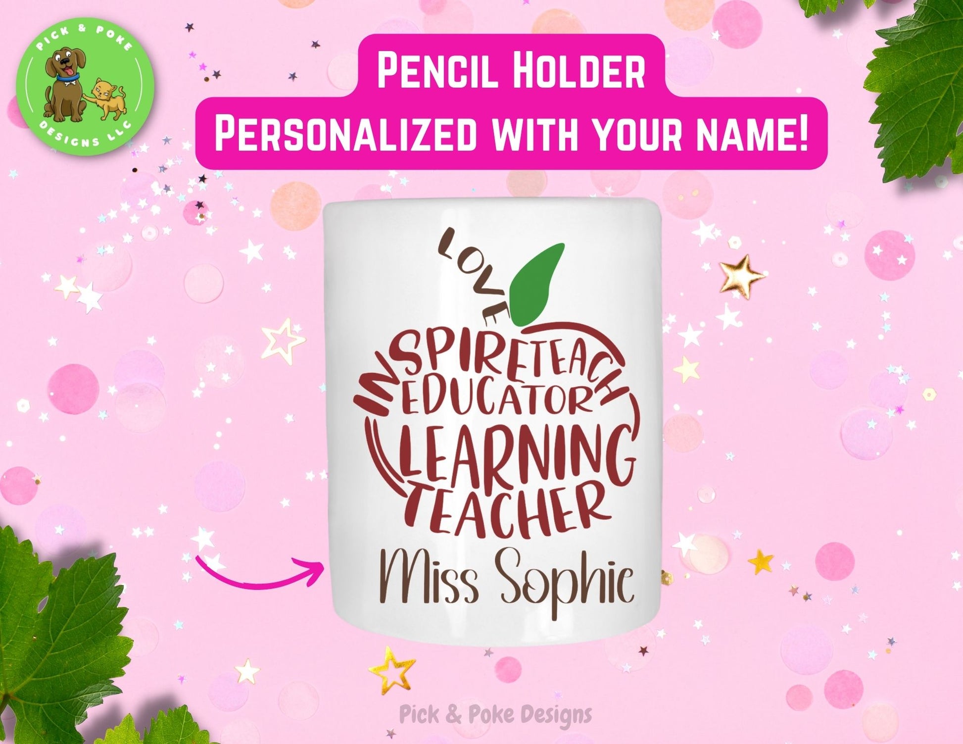Custom teacher apple word art ceramic pencil holder is personalized with your name written in a hand letter font