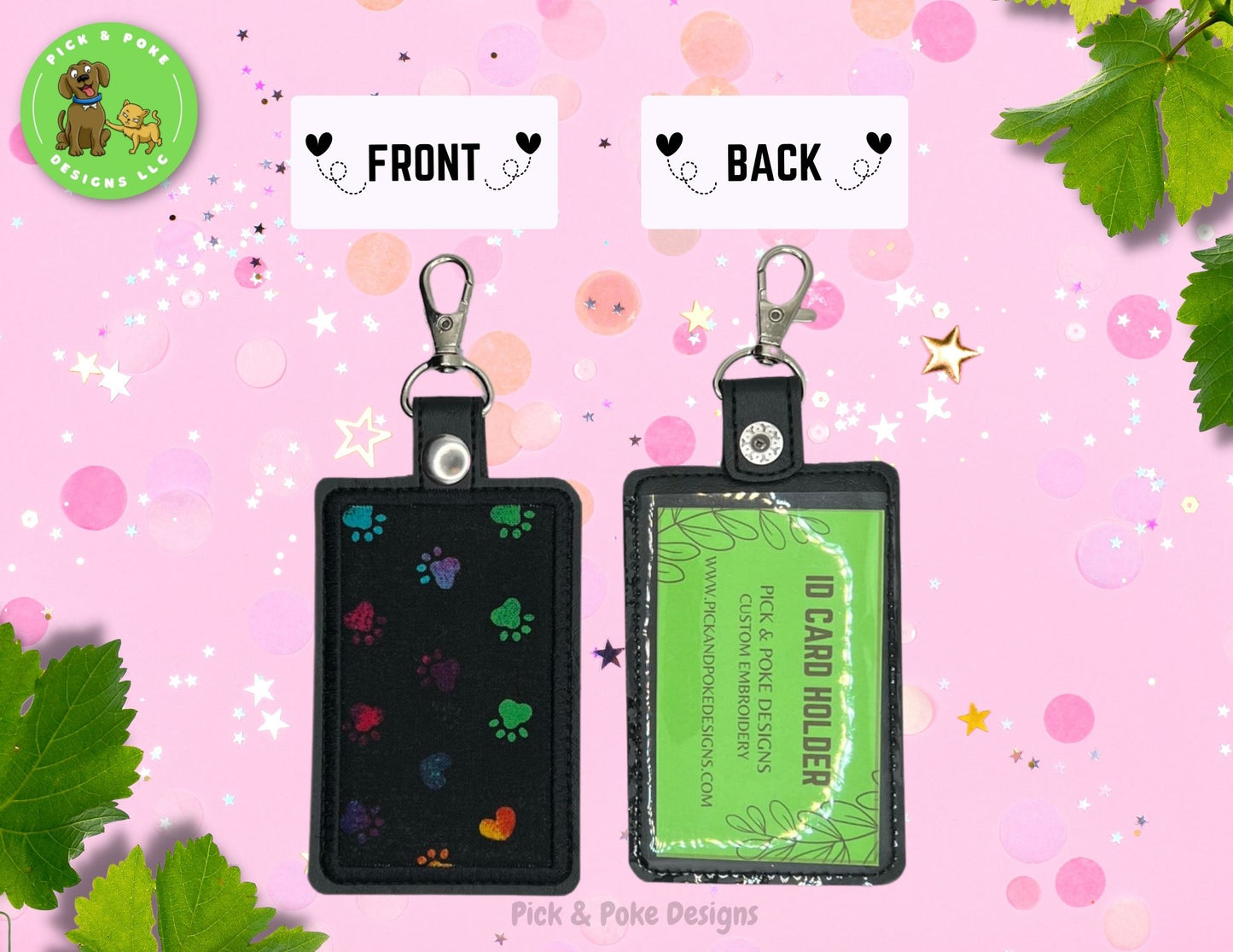 ID Badge Card Holder with Swivel Clip | Paw Print Design | Vertical Style Protector Case | Made to Order