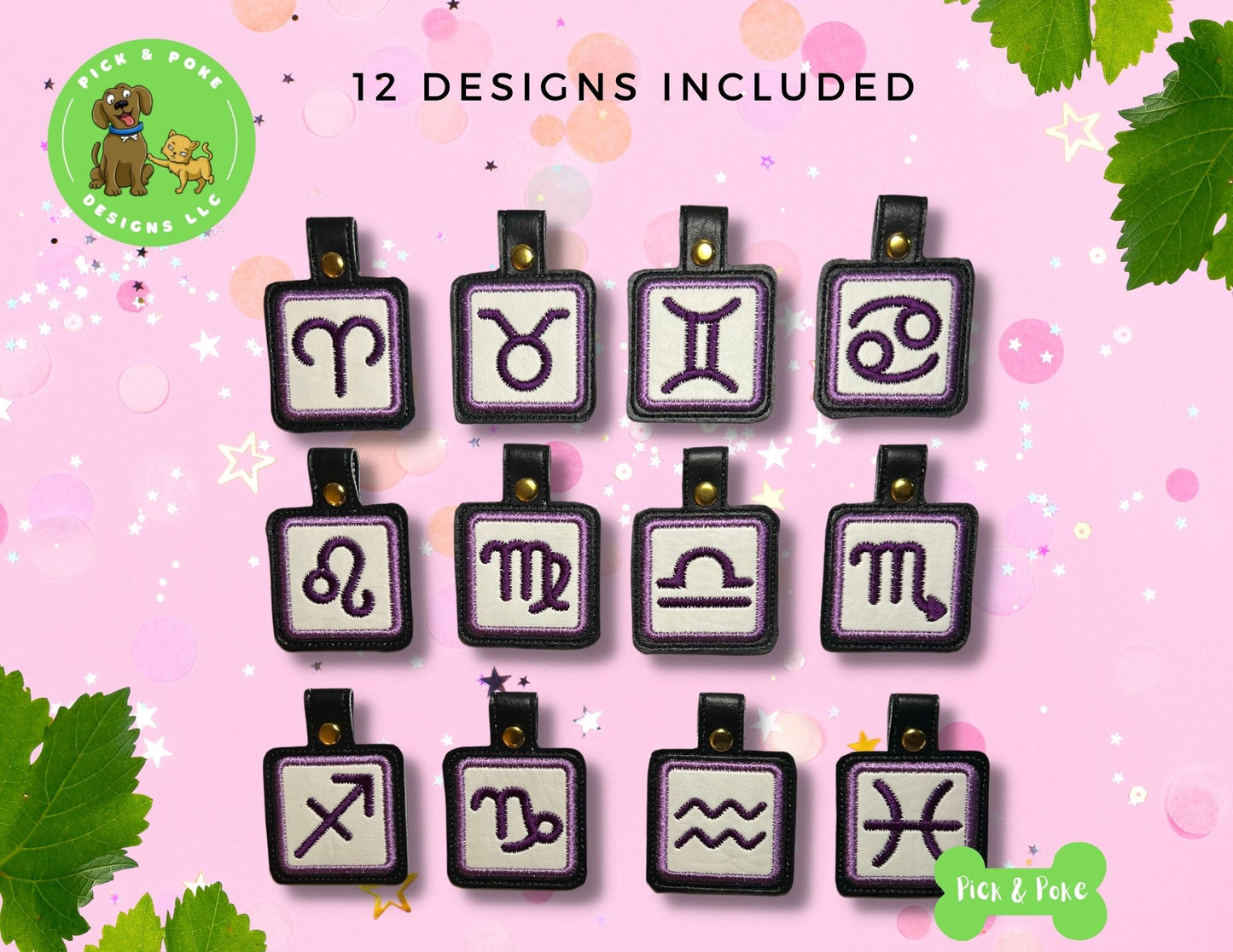 In the Hoop Embroidery Project 12 Zodiac Birthday Symbol Snap Tab Fob Set (Digital Download)