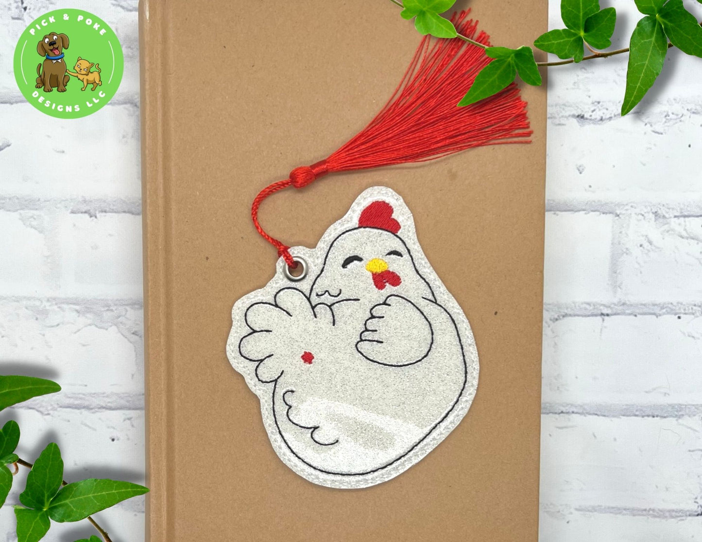 Funny Chicken Bookmark with Tassel | Glitter Hen Design | Embroidered | Made to Order