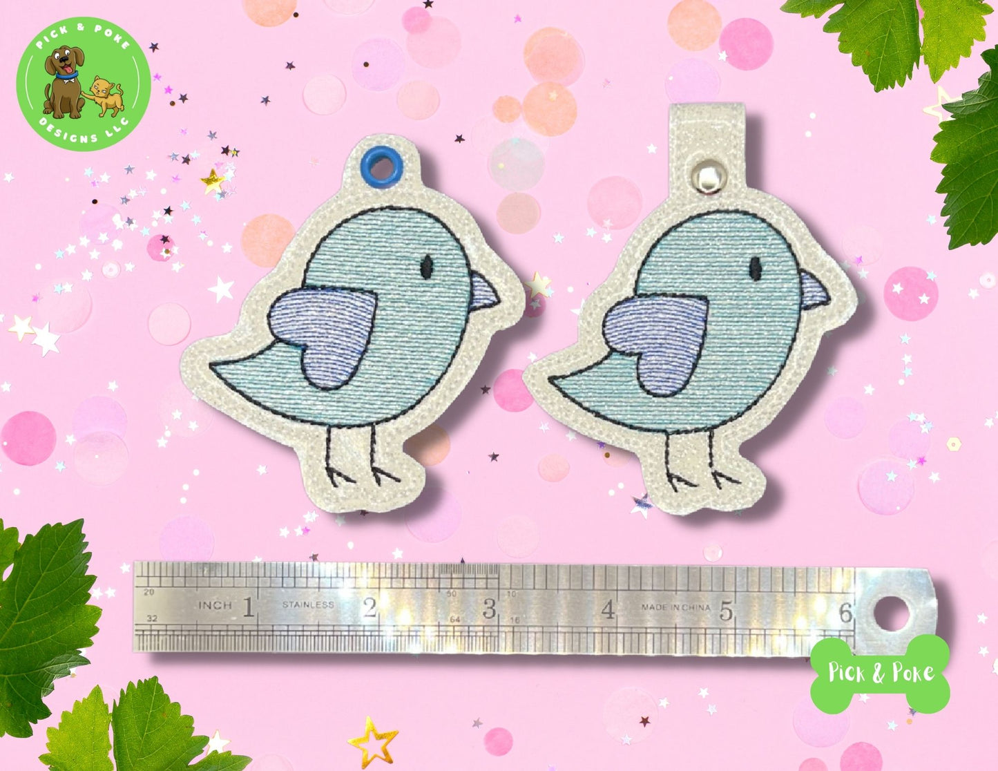 In the Hoop Embroidery Project Cute Heart Bird  Snap Tab and Eyelet Key Fob Design (Digital Download)