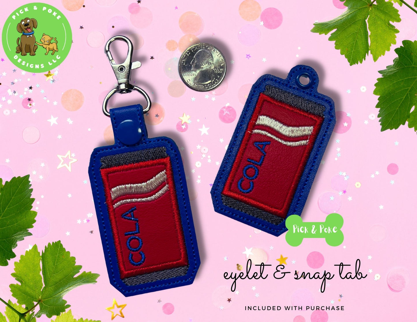 In the Hoop Embroidery Project Cola Soda Can Applique Snap Tab and Eyelet Key Fob Design