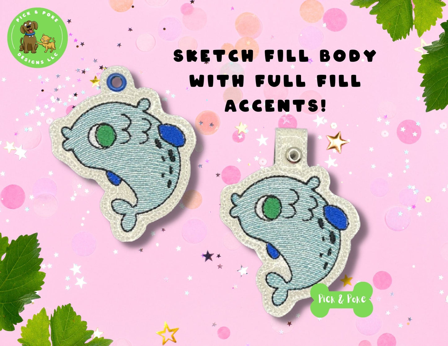 In the Hoop Embroidery Project Cute Fish Doodle Snap Tab and Eyelet Key Fob ITH Design (Digital Download)