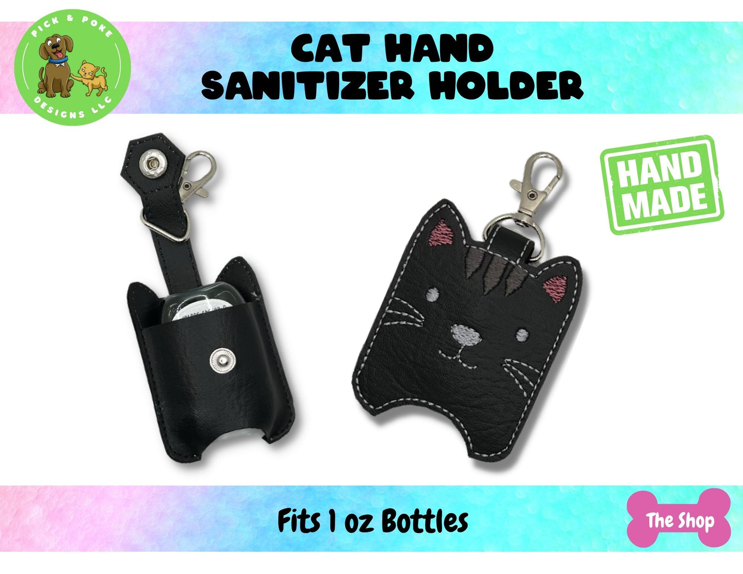 Kitty Cat Hand Sanitizer Holder Key Chain | Embroidered on Vinyl | Made to Order