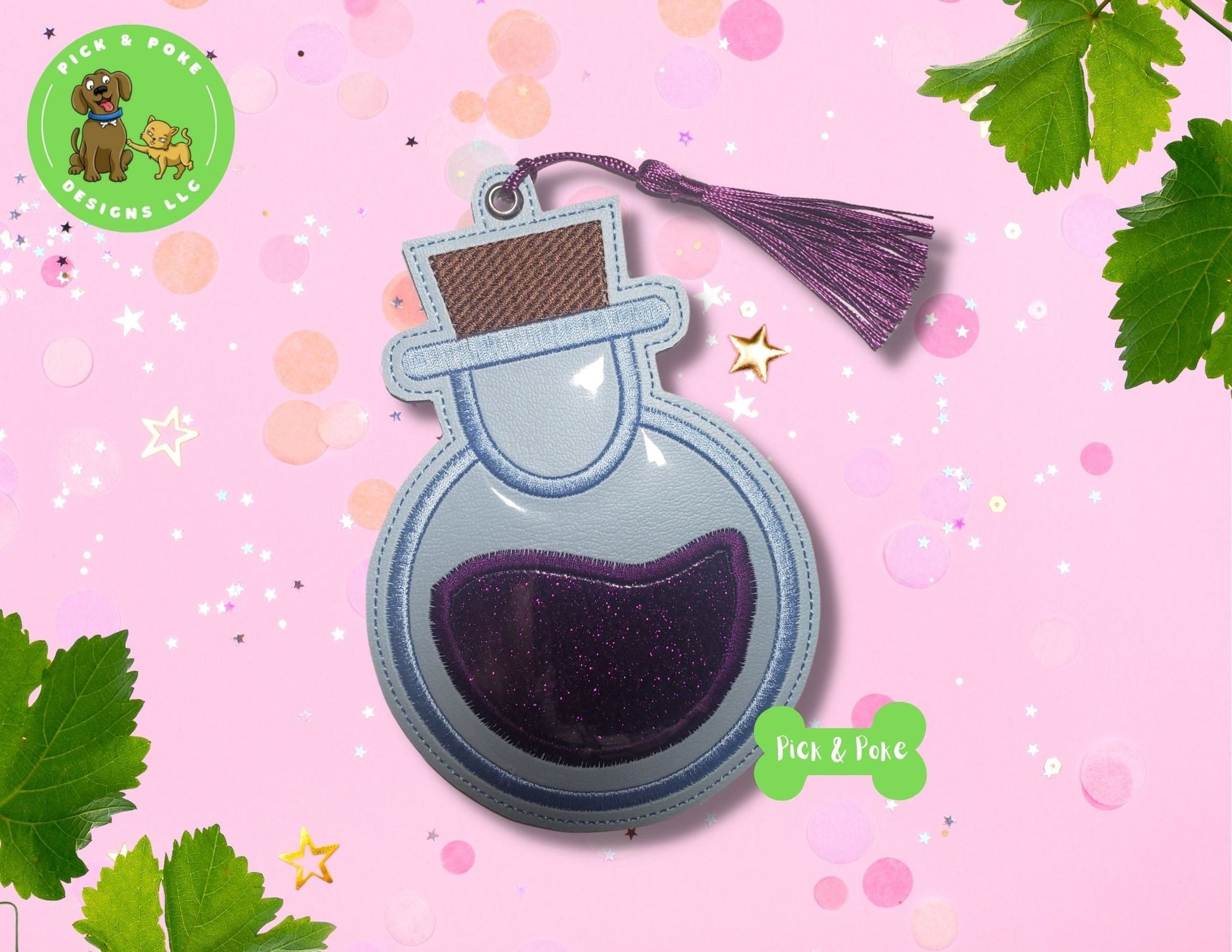 In the Hoop Embroidery Project 5x7 Applique Potion Bottle Bookmark / Eyelet Key Fob / Gift Tag / Ornament / Digital File / Instant DOWNLOAD / ITHPick and Poke Designs