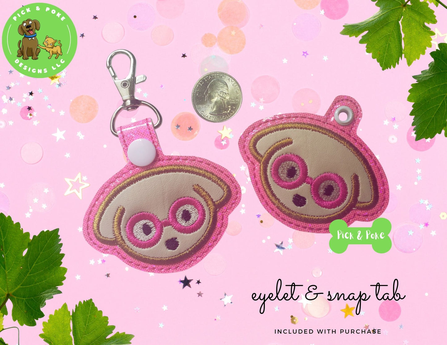 In the Hoop Embroidery Project Puppy Wearing Glasses Snap Tab and Eyelet Key Fob