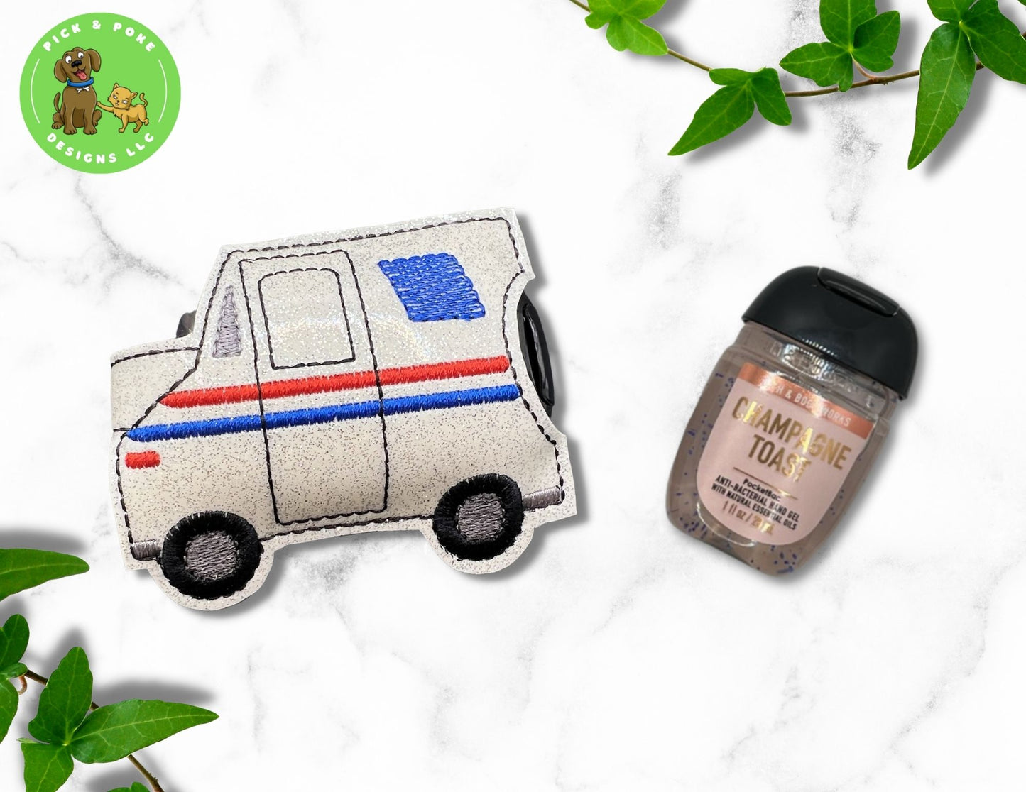Mail Truck Hand Sanitizer Holder Key Chain | Embroidered on Vinyl | Made to Order
