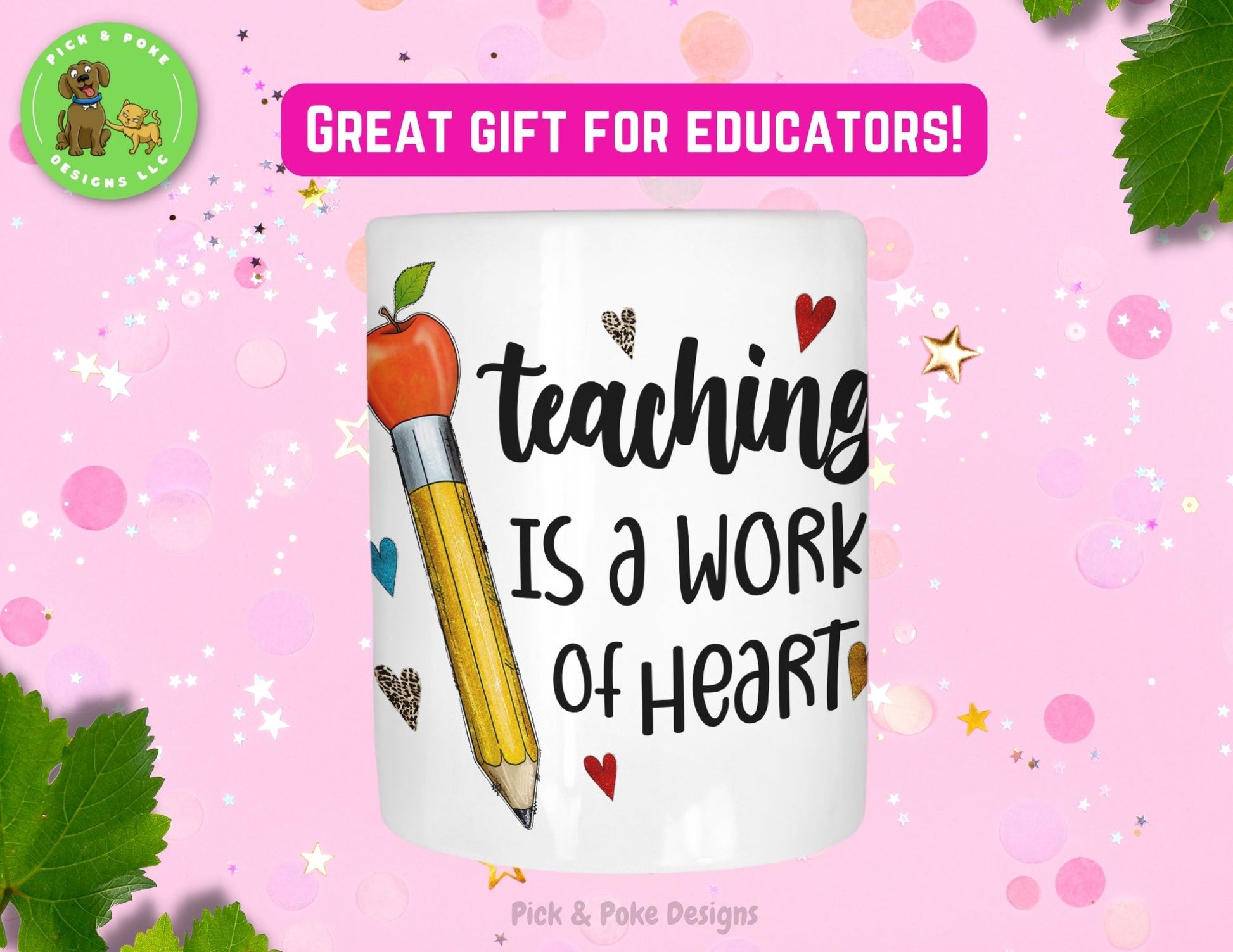 Teaching is a Work of Heart ceramic pencil holder is personalized with your name written in a hand lettering font