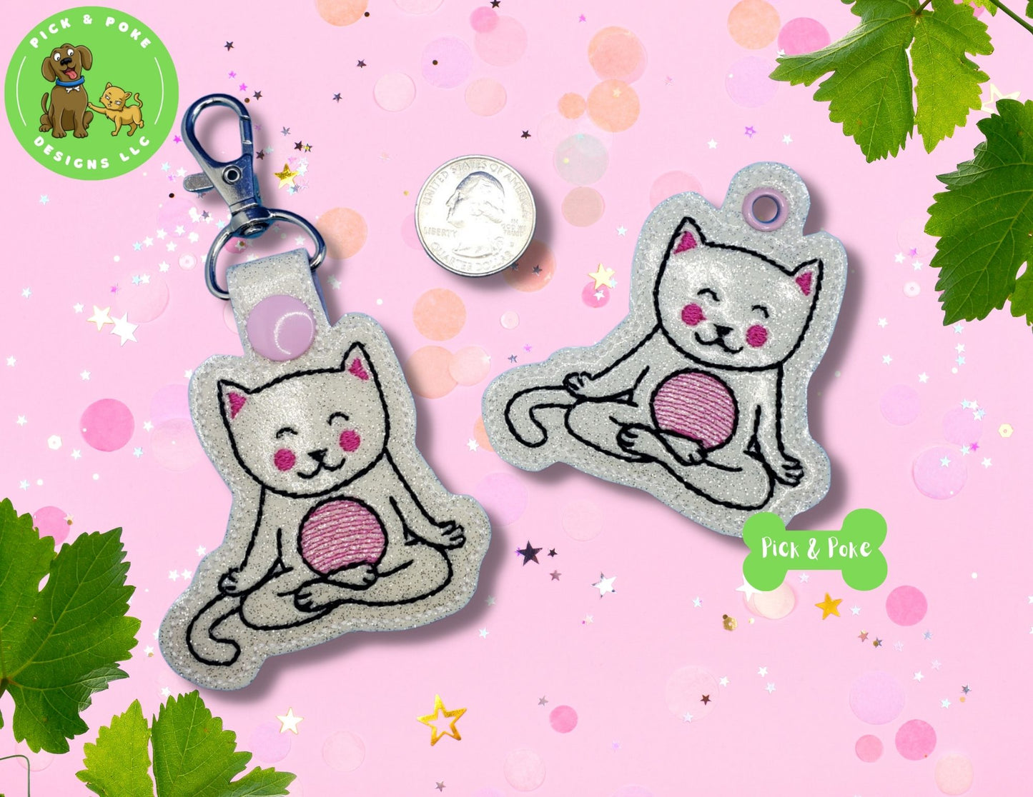 In the Hoop Embroidery Project Yoga Cat Snap Tab and Eyelet Key Fob