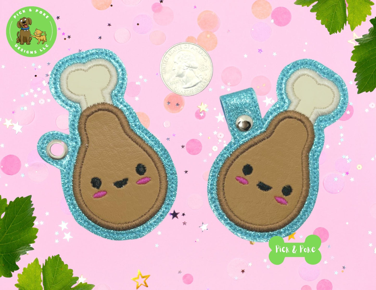 In the Hoop Embroidery Project Cute Applique Drumstick Snap Tab and Eyelet Key Fob Design ITH (Digital Download)