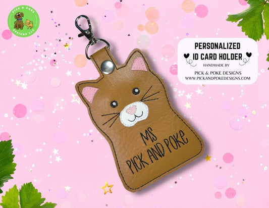 Personalized Brown Cat ID Card Badge Holder with Lobster Clasp |  Vinyl Faux Leather | Vertical Protector Case