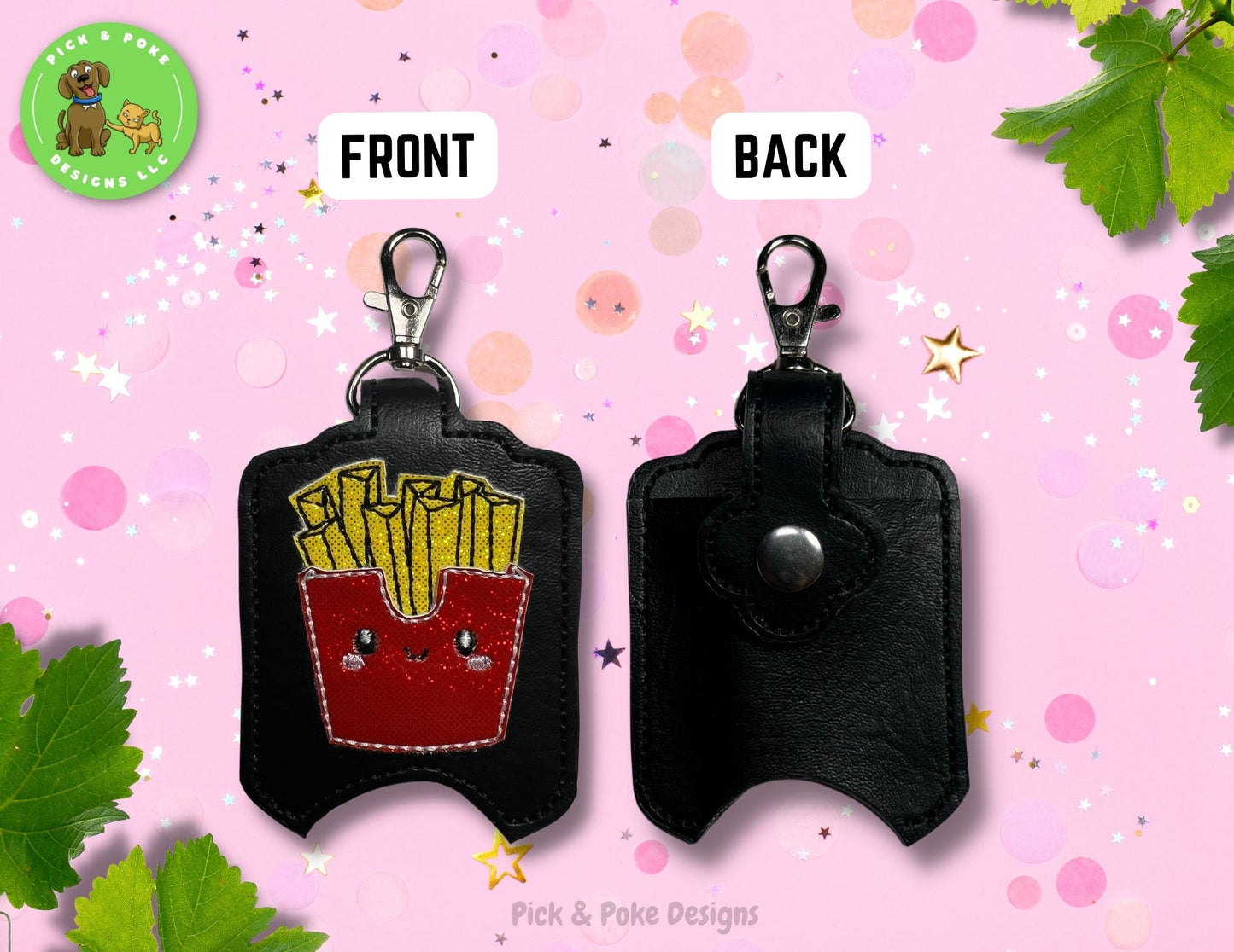 French Fries Hand Sanitizer Holder Key Chain | Embroidered on Black Vinyl