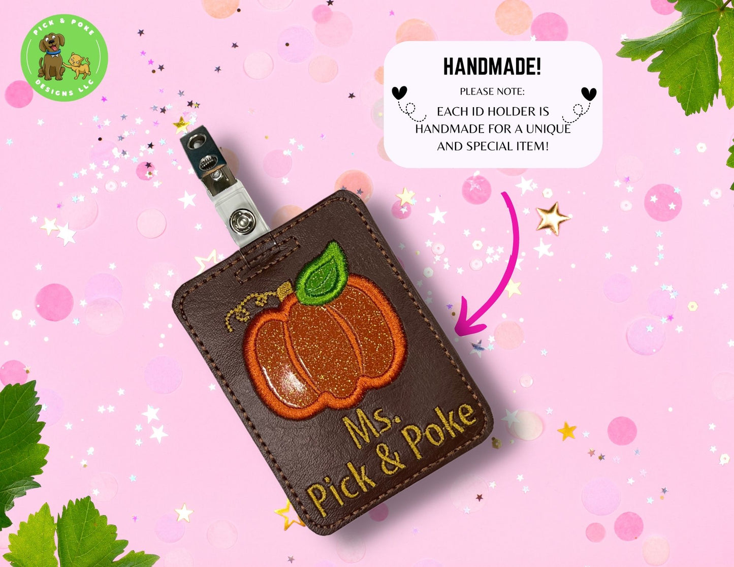 Personalized Pumpkin ID Card Badge Holder with Reel or Clip | Brown Vinyl