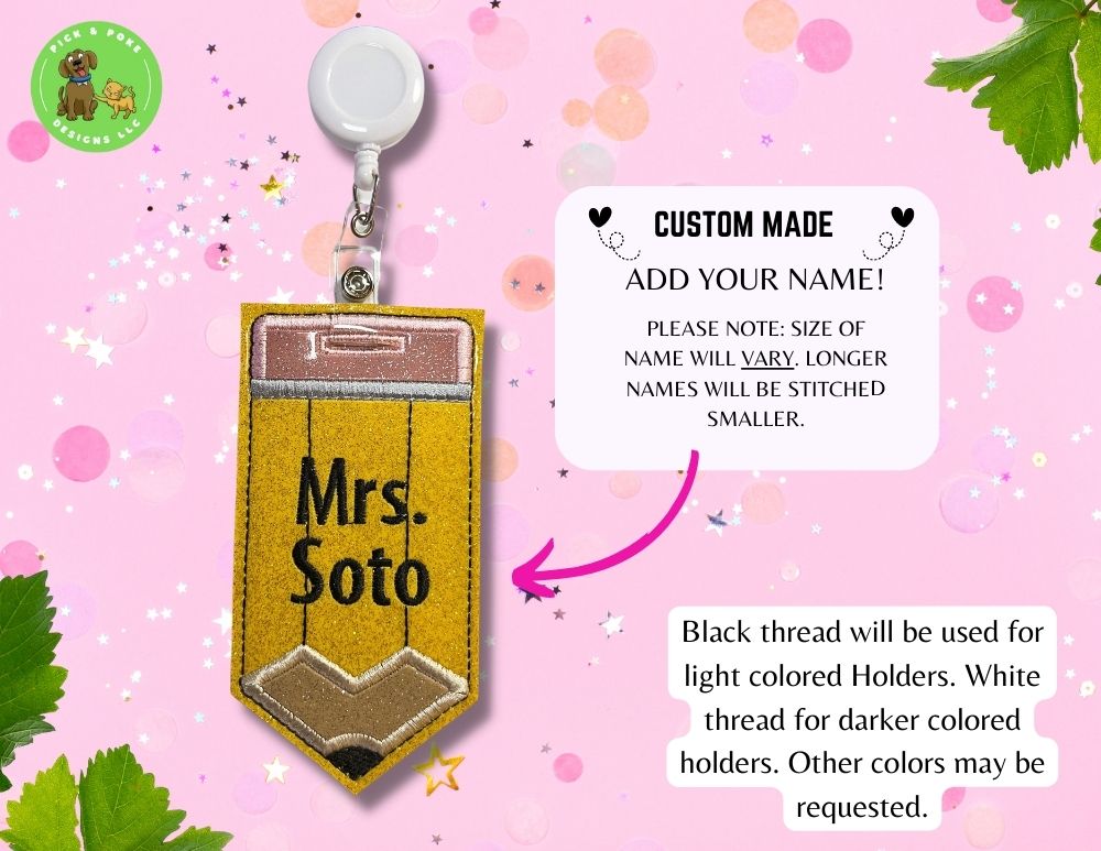Personalized Pencil ID Card Badge Holder with Reel or Clip | Glitter or Solid Vinyl | Vertical Protector Case (Custom Made)
