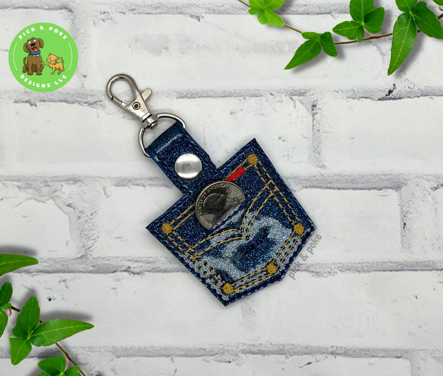 Jeans Pocket Quarter Holder Keychain with Clip / Embroidered on Glitter Vinyl / Custom Made