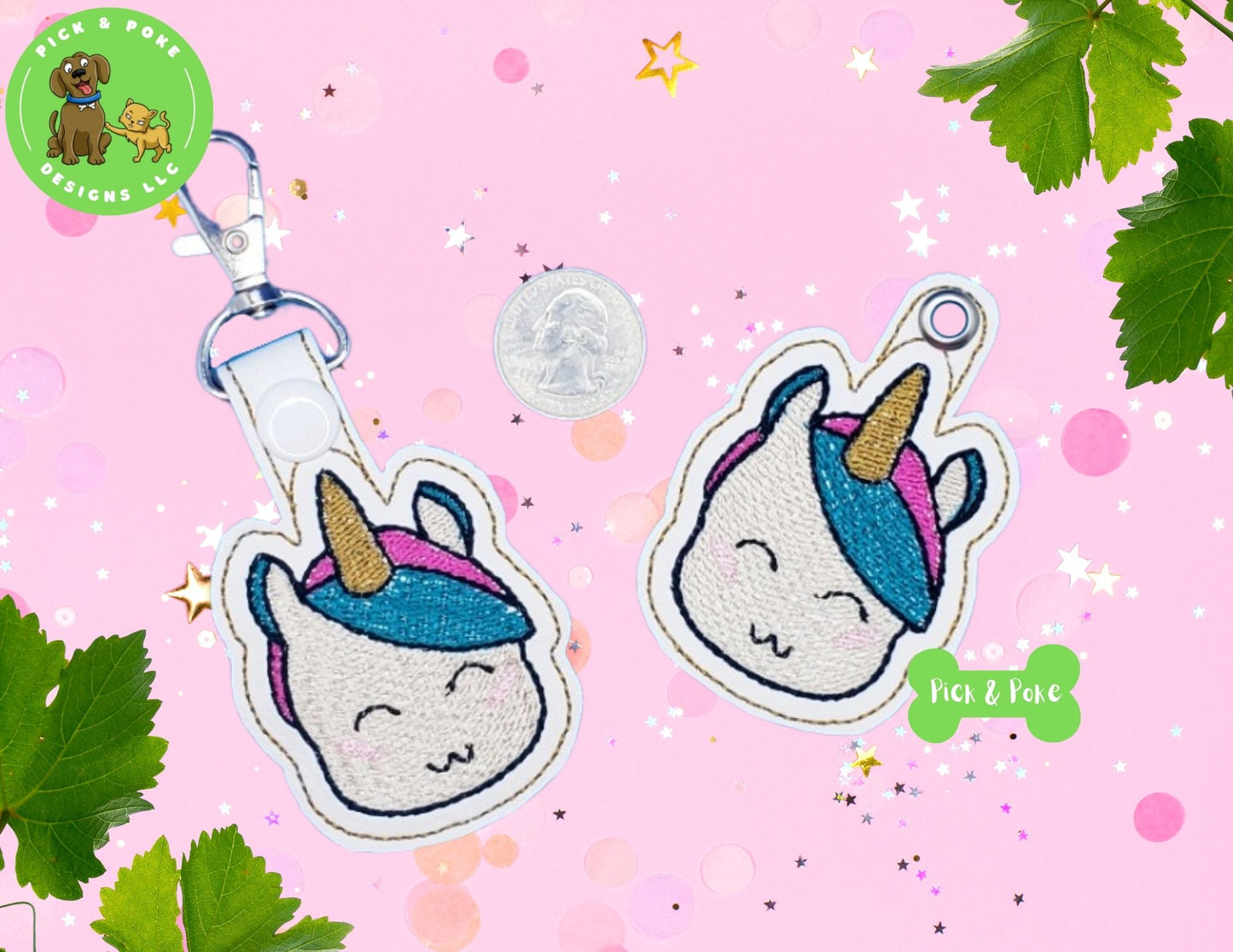 In the Hoop Embroidery Project Kawaii Unicorn Snap Tab and Eyelet Key Fob Set