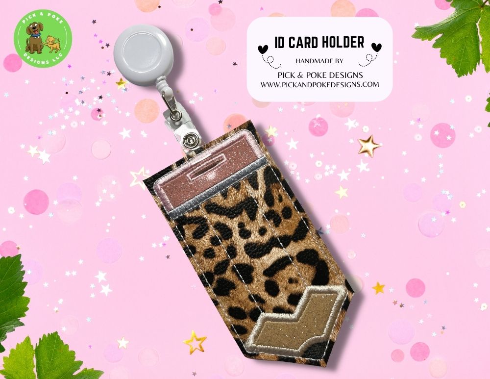 Leopard Pencil ID Card Badge Holder with Reel or Clip | Faux Leather Vinyl | Vertical Protector Case
